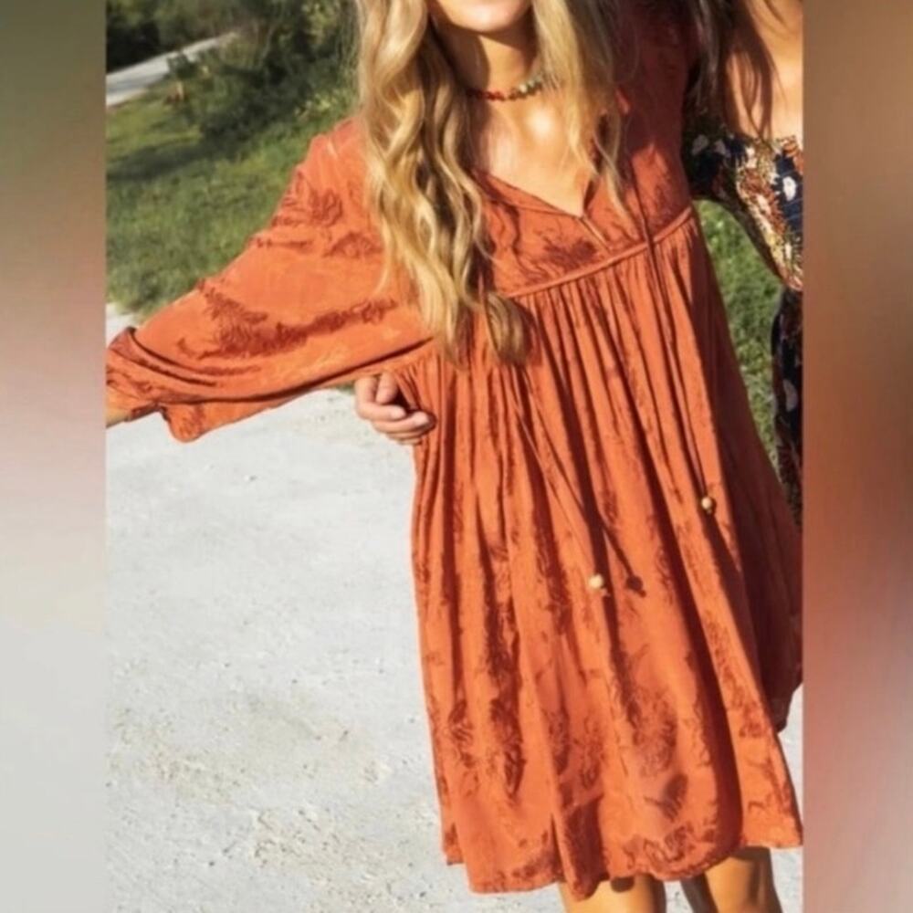 NATURAL LIFE Rust Embossed Babydoll Bubble Sleeves Boho Bohemian Mini Dress XL